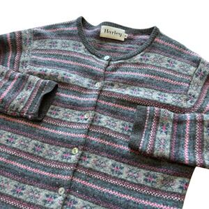 Harley of Scotland 100% Wool Fair Isle Cardigan Sweater Pink Grey Womens m